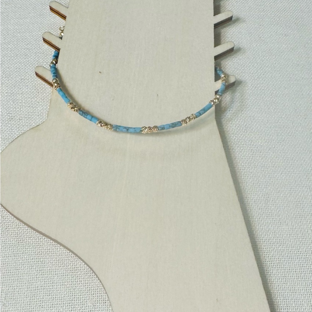 Turquoise Blue Beaded Womens anklet  with Gold Accents